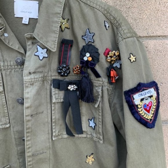 Cinq a' Sept Embellished Cotton Twill Military Jacket In Olive - Size M - Picture 3 of 6